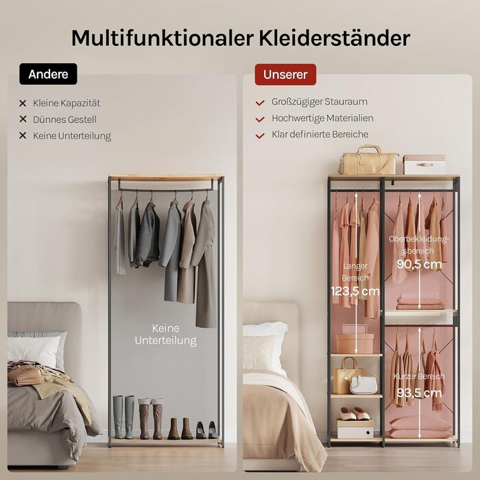 Вільна вішалка для одягу WOLTU з полицею, для спальні/коридору, стабільна, з дерева та металу, білий + світлий дуб (чорний + світлий дуб)