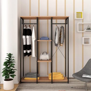 Clothes Rack Coat Rack, Open Wardrobe for Bedroom, Laundry Rack Hanging Shelf with Storage, Wood Steel, Black+Light Oak