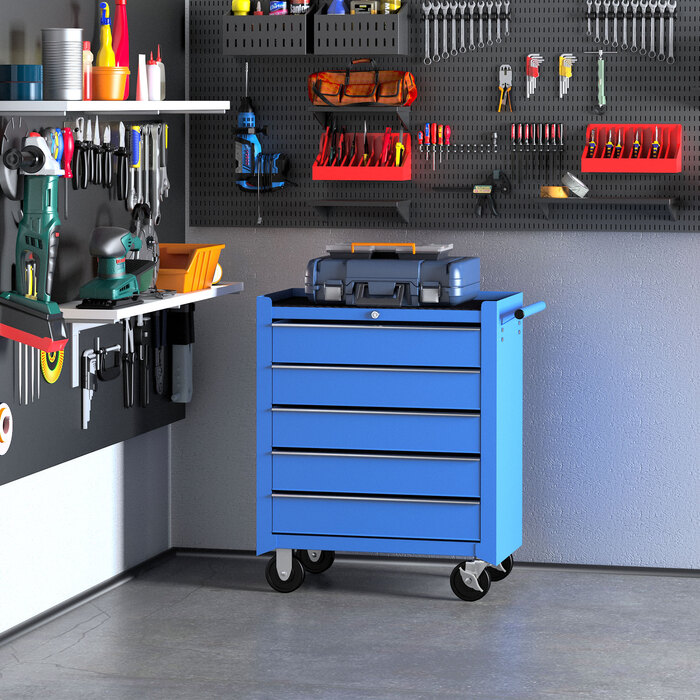 HOMCOM Mobile Tool Cart Tool Wagon Rolling Cart Tool Box with 5 Drawers Blue