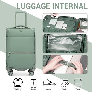Чемодан Miss Lulu Handgepäck, 59.5 x 36.5 x 25 см, зелений, 32 л, з відділенням для мокрого одягу, на 4 колесах, для подорожей та бізнесу