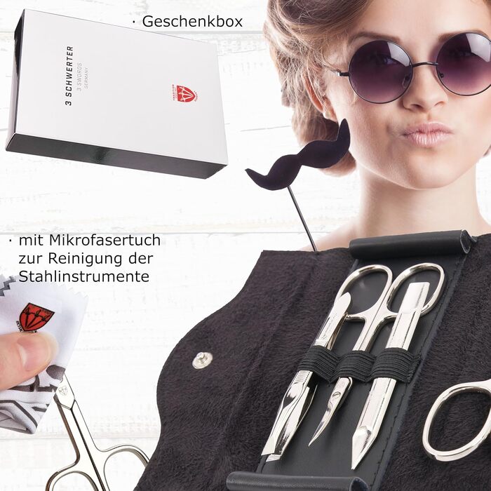 Набір манікюру 5-ти предметний 'Anzio III' від DREI SCHWERTER - Німецька якість | Елегантний чорний футляр з натуральної шкіри | В комплекті: ножиці для нігтів, ножиці для кутикули, пінцет, алмазна пилка для нігтів, засіб для очищення нігтів