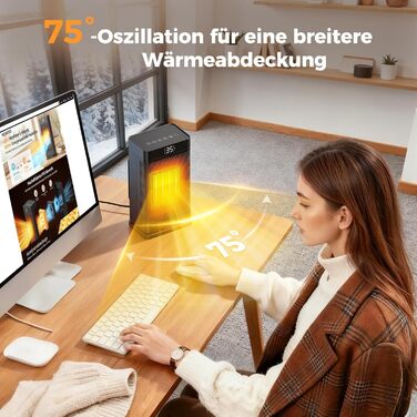 Керамічний електронагрівач 1500W з термостатом, PTC-керамічний нагрівач, ECO-режим, захист від перегріву та перекидання, 75° коливання, 2-в-1 енергозберігаючий нагрівач для дому, чорний