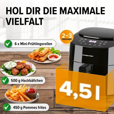 Gourmetmaxx Air Fryer - 4.5L Digital Air Fryer with Timer & Touchscreen - 9 Functions, 8 Programs, Energy-Saving, Black Mini Oven