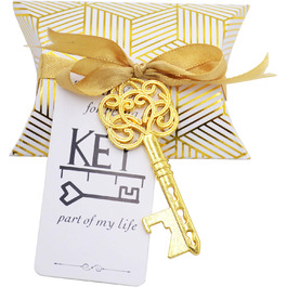 Makhry 50-Piece Vintage Key Bottle Openers Wedding Key Skeleton Key Bottle Openers Wedding Guest Gifts Set with Pillow Boxes and Label (Antique Gold)