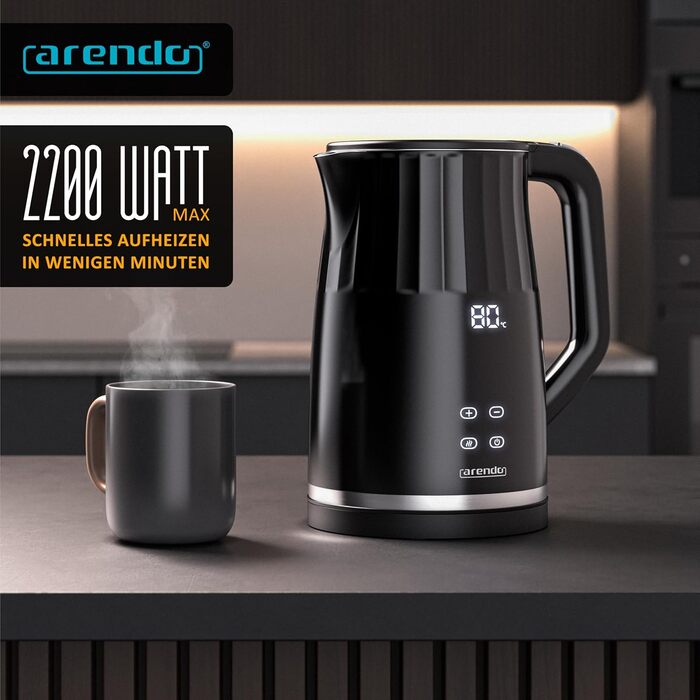Електричний чайник Arendo з регулюванням температури, нержавіюча сталь, подвійні стінки Cool Touch, дисплей, бездротовий, 2200 Вт, 1,7 л, захист від перегріву, функція підтримання тепла, чорний