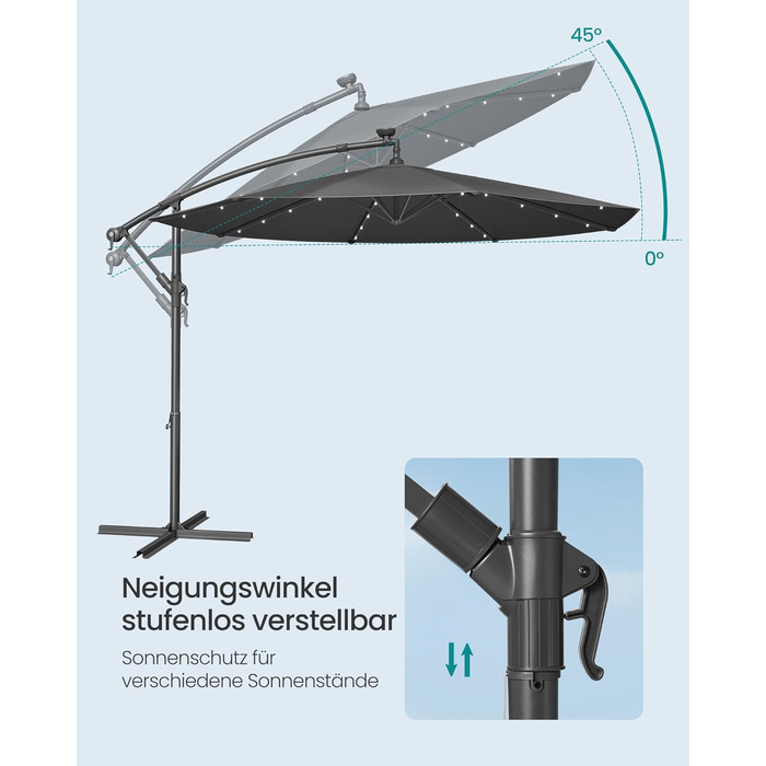 SONGMICS Patio Umbrella with LED Solar Lighting, Market Umbrella 300 cm Diameter, 32 LED Lights, with Stand, Sun Protection Balcony, Balcony Umbrella, UPF 50+, with Crank, for Terrace, Garden, Grey GPU118G01