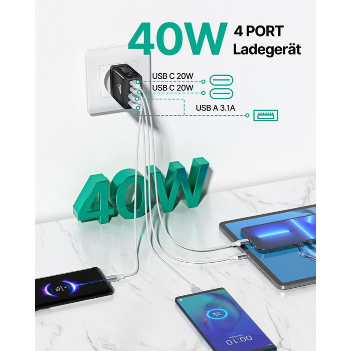 Зарядний пристрій USB-C 2 шт, 4 порти: адаптер для швидкої зарядки 40W PD 3.0 для iPhone 15 Pro Max, Samsung та інших смартфонів - чорний