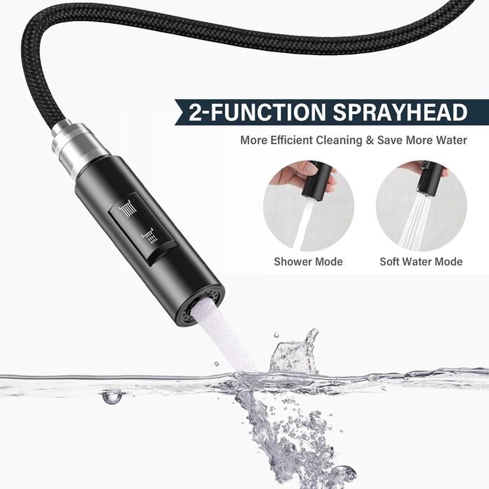 Чорний кухонний змішувач з висувною лійкою, 360° поворот, нержавіюча сталь, гаряча/холодна вода, G3/8'', 2 режими струменя