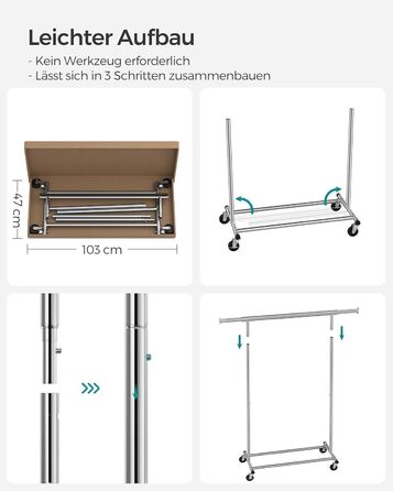 SONGMICS Clothes Rack on Wheels, Heavy-Duty Garment Rack, Extendable Clothes Rod, Load Capacity up to 100 kg, Easy Assembly, Portable, Silver HSR13S