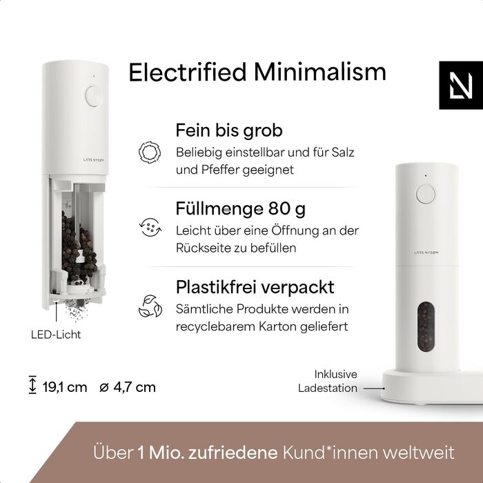 Електричні млини для солі та перцю LARS NYSØM з керамічним жорном | USB, автоматичний дозатор, набір 2 шт. (Pure White)