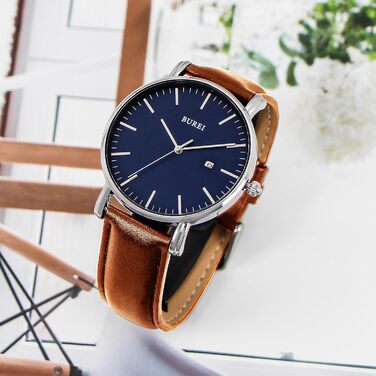 Годинник чоловічий BUREI Ultra тонкий аналоговий з датою, кварцовий механізм Japan, подарунок для чоловіків (срібло, шкіряний ремінець)