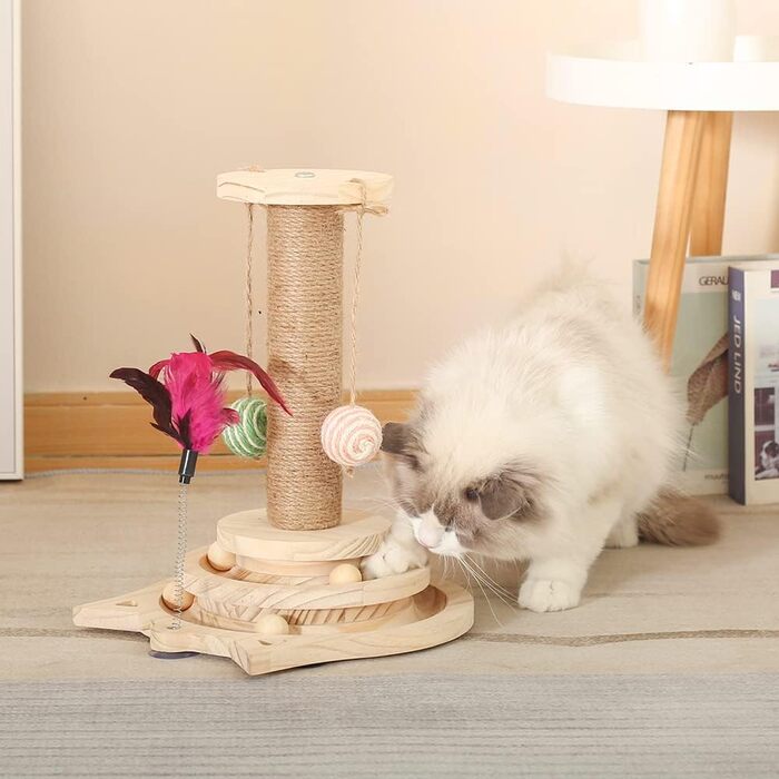 Wooden Cat Carousel, Multifunctional Cat Scratching Post, Wooden Cat Toy, Interactive Cat Toy, Size 26L x 26W x 34H cm