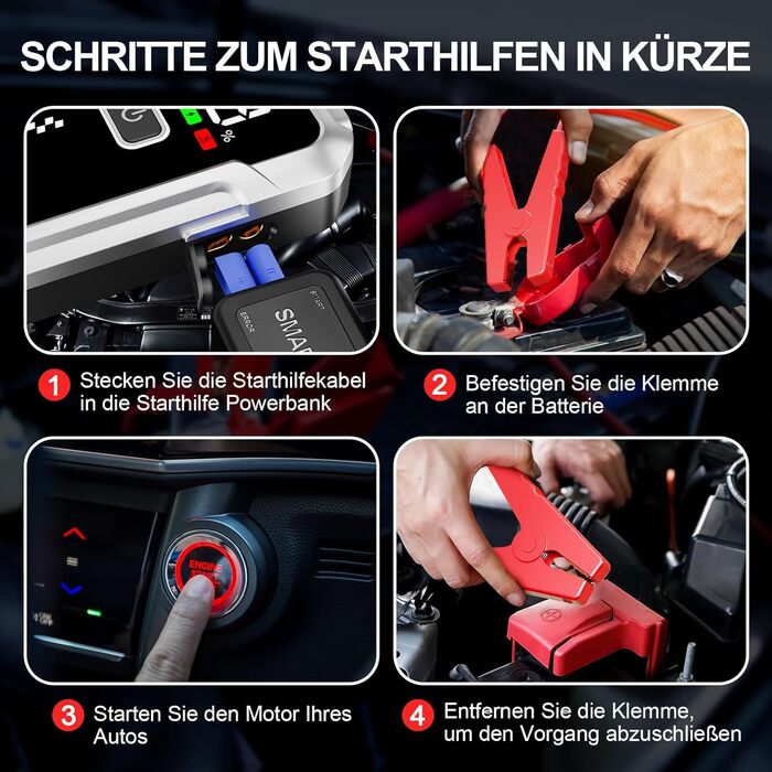 Портативний акумулятор Starthilfe для автомобіля 7000A: Запуск 12V авто, SUV, мотоцикла, газонокосарки. LED дисплей, чорний