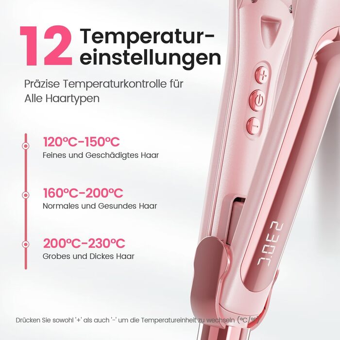Dekuri 42mm Ceramic Hair Straightener & Curling Iron - Pink - Adjustable Temperature 120°C-230°C