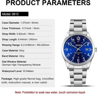 Годинник чоловічий LENQIN з нержавіючої сталі, аналоговий кварцовий годинник на зап'ястя, водостійкий 30M, стильний повсякденний годинник для чоловіків (01 - Сріблястий/Синій)