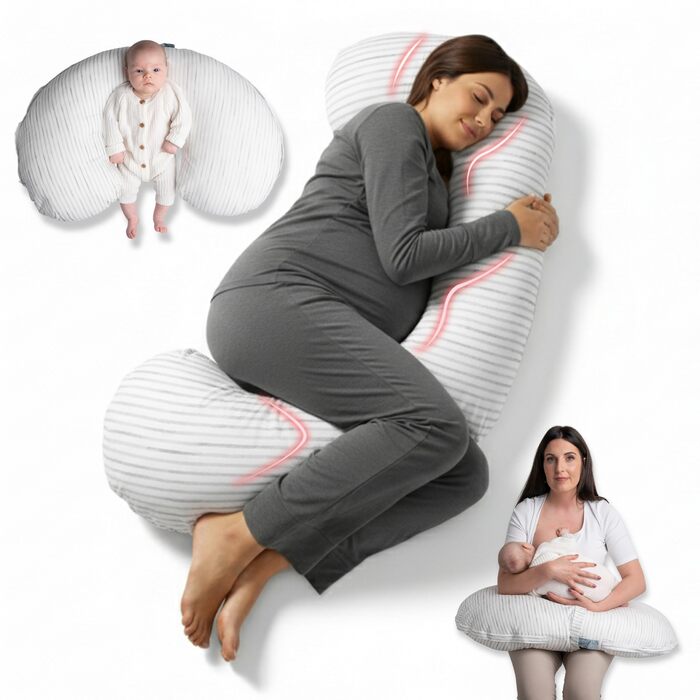 Подушка для вагітних BellaMoon 3-в-1 – підтримка всього тіла, C-подібна форма, для сну, годування та як ліжко для малюка, знімний бавовняний чохол (Waterleaves)