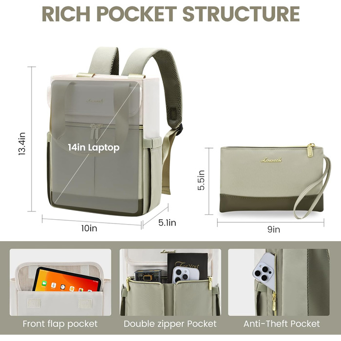 LOVEVOOK Рюкзак для жінок, великий, 15.6 дюймів, рюкзак для ноутбука, шкільний рюкзак, для підлітків, водонепроникний, сумка для роботи, сумочка 2 в 1, сумка для навчання, рюкзак для подорожей, університету, бізнесу, бежевий хакі 15.6' (13,3 дюймів, світл