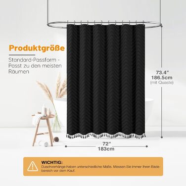 Штора для душу BTTN 180x180 см, Бохо, бежева з китицями, водонепроникна, з гачками (1 шт)