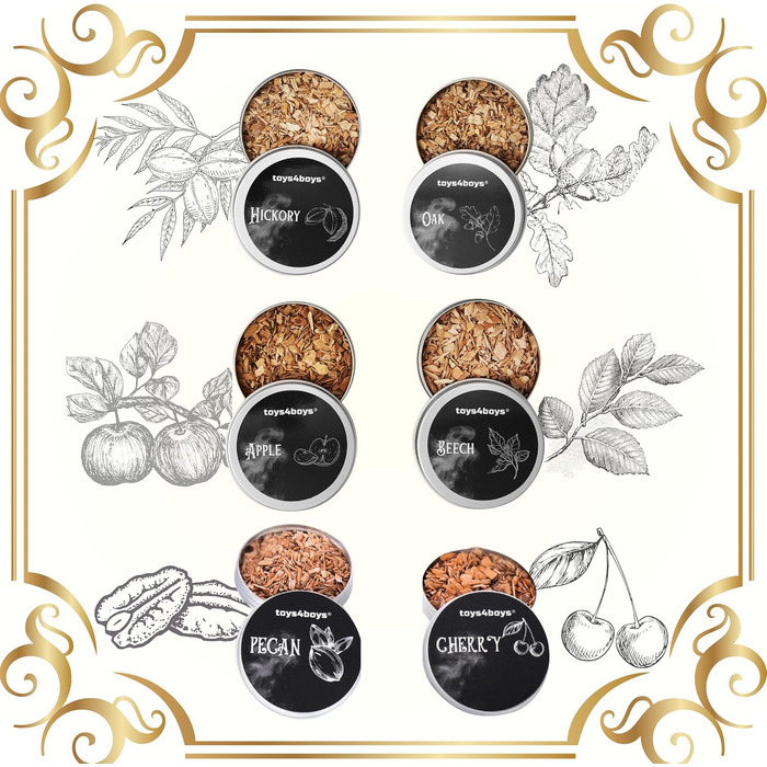 Набір для копчення віскі Toys4Boys Premium - з дерев'яною кришкою, 4 арома-стружками та запальничкою. Ідеальний подарунок для чоловіків. Набір для інфузії віскі без бутану, 6 арома-стружків