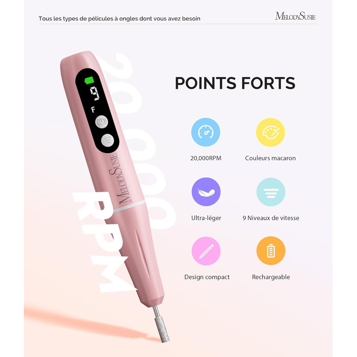 Електричний набір для манікюру MelodySusie PC90G: нагрівач для гелю та акрилу, 20000 об/хв, регулювання швидкості, рожевий