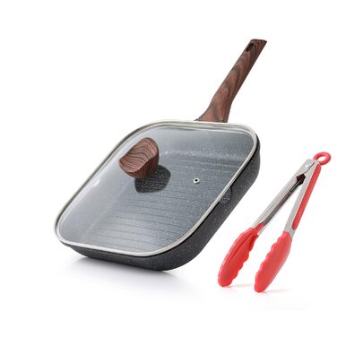 Kordisen Гриль-сковорода індукційна 28 см з кришкою та носиком, квадратна, антипригарне гранітне покриття, для всіх типів плит, без PFOA - Чорна 28 см