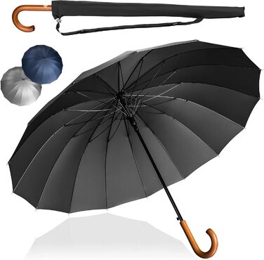 Edinburgh Windproof Umbrella - Large 16-Rib Black Umbrella with Wooden Handle & Silent Tip - LOGAN & BARNES
