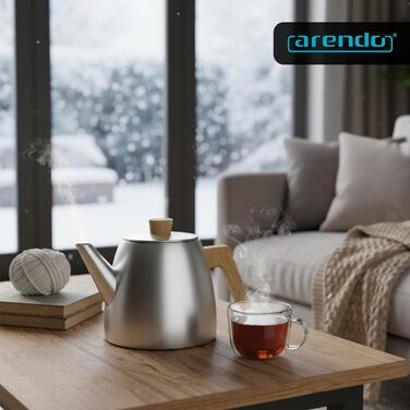 Заварник для чаю Arendo з нержавіючої сталі з ситом, 1000 мл, термос з подвійними стінками та дерев'яними ручками, сріблястий