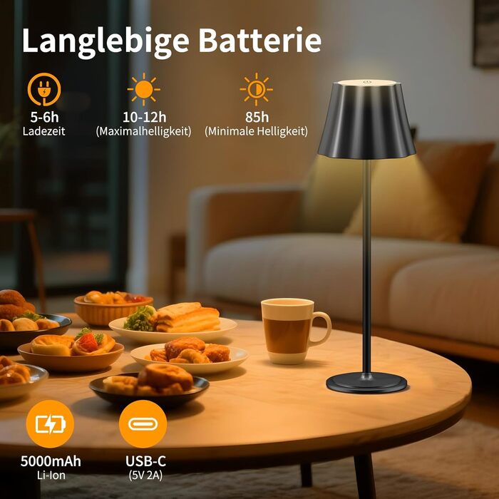 Бездротова LED-лампа Suright для столу з акумулятором 5000mAh, 3 режими кольору та регулюванням яскравості, IP54 вологозахист для вулиці, кемпінгу, тераси, вітальні, спальні