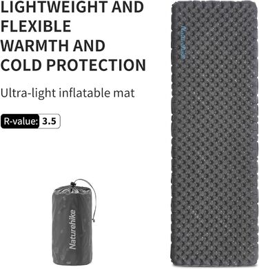 Каремат туристичний Naturehike Thermal 3.5R, самонадувний, 4 сезони, -6°C, з надувною сумкою, військовий зелений, прямокутний, XL/L