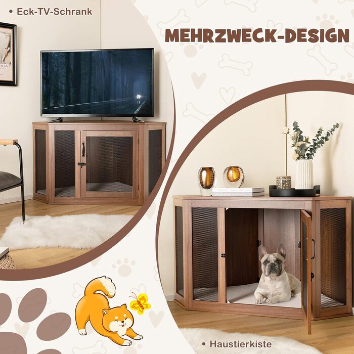 Будка для собак COSTWAY кутова, переноска з дверцятами та подушкою, крізь для домашніх тварин у стилі меблів для маленьких собак та котів, клітка для тварин, будка для собак, будинку для тварин, коричнева, 114 x 60 x 68 см