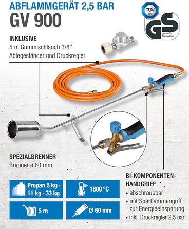 CFH Flame Gun GV 900 including Gas Pressure Regulator DR 114 and Gas Hose - Weed Burner Gas Application 2.5 bar with 3/8