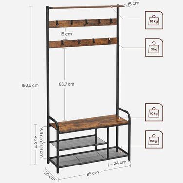 VASAGLE Coat Rack, Coat Stand, Clothes Rack with 9 Hooks, Shoe Bench, Shelf, 30 x 85 x 180.5 cm, for Entryway, Bedroom, Small Apartments, Industrial Design, Vintage Brown-Black HSR409B01
