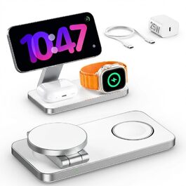 Бездротова зарядна станція 3-в-1 з Qi2.2 25W для Apple Watch та iPhone (Magsafe) + адаптер 35W (Біла)