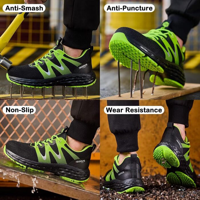 Черевики робочі ISOOUS для чоловіків та жінок. Безпекові черевики з металевим носком, неслизькі, дихаючі, спортивні (43 EU, Зелений)