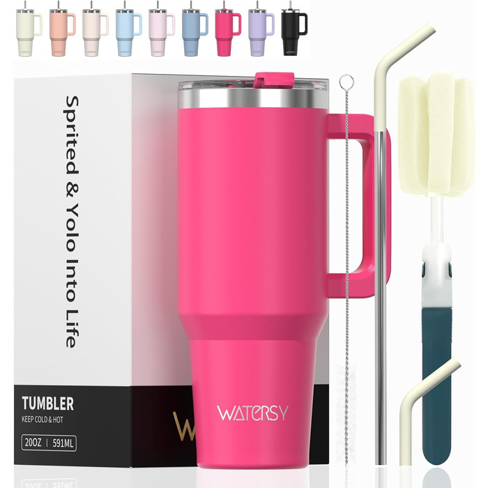 Термокружка WATERSY 40oz (591 мл) з нержавіючої сталі, подвійні стінки, з ручкою та трубочкою, для гарячих та холодних напоїв, рожевого кольору
