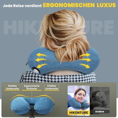 Подушка для шиї HIKENTURE надувна для подорожей літаком/поїздом з чохлом, синього/темно-синього кольору. Надувна подушка для шиї, зручна для дорослих.