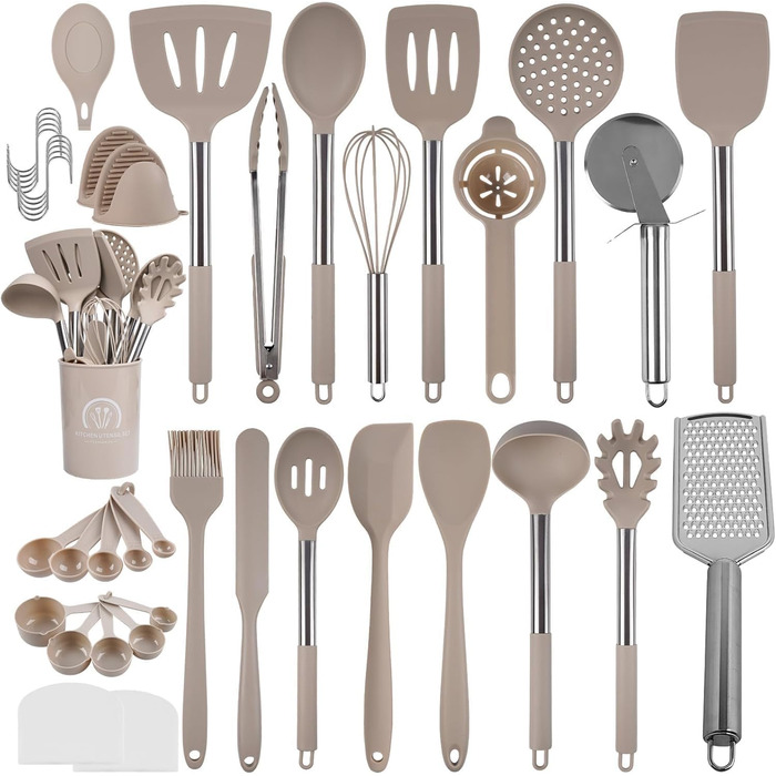 Набір кухонних аксесуарів 45 шт. з нержавіючої сталі: лопатки, ложки, скребки. Ідеальний для кухонного начиння та подарунків. (Хакі, 2)