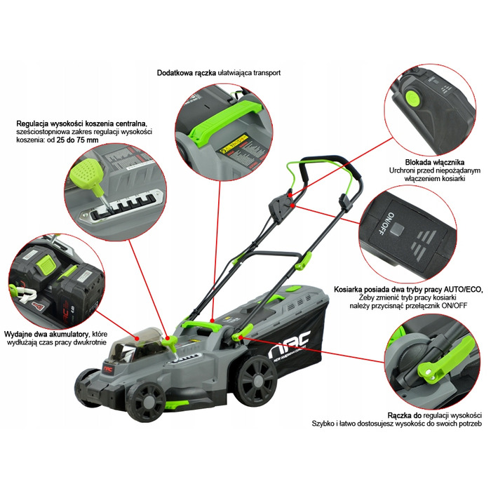 Акумуляторна газонокосарка NAC 40 V (2 акумулятори по 4 Ah, ширина зрізу 37 см, режими Auto/Eco)