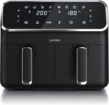 Арендо - Фритюрниця повітряна подвійна з 2 камерами, XXL об'єм, 2700 Вт, Airfryer, нержавіюча сталь, сенсорний дисплей, 3D циркуляція повітря, антипригарне покриття, без PFAS