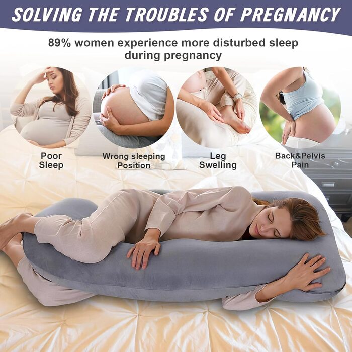 Подушка для вагітних Otauoaea J-подібної форми, подушка для годування XXL, подушка для сну на боці, 145x70 см (велюр, сірий)