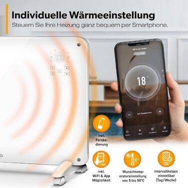 Електричний скляний конвектор TRESKO 2000 Вт з Wi-Fi, сенсорним та LCD-дисплеєм, дистанційним керуванням, настінний або підлоговий, білий