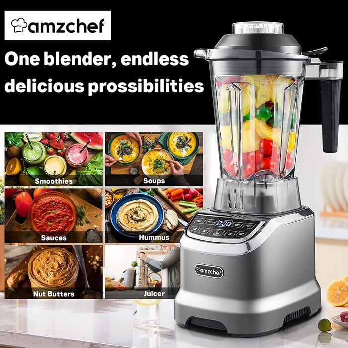AMZCHEF 2-in-1 Mixer High-Performance Blender with 1850ml and 600ml Containers for Two Mixing Modes | Stand Mixer 2000 Watt with Tamper and 6 Professional Blades 22000 RPM - Matte Gray 2000W Matte Gray