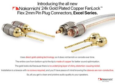 Nakamichi FanLock Excel Serie 24K позолочені бананові штекери 2 мм, 10-18 AWG, 4 мм, для акустичних систем, Hi-Fi аудіокабелів (16 шт - 8 пар)