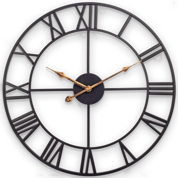 Large Wall Clock, European Industrial Vintage Wall Clock with Roman Numerals, Silent No Ticking Sounds Metal Wall Clock, Decorative Wall Clock for Living Room, Kitchen, Bedroom - 35cm, Black