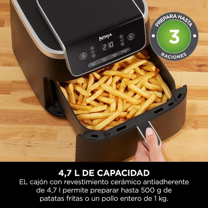 Ninja PRO Air Fryer Hot Air Fryer, 4.7L Air Fryer, Single Basket Hot Air Fryer, 4-in-1, for 1-2 Portions, Digital, Cook from Frozen, Non-Stick Drawer & Crisper Basket, Black AF140EU