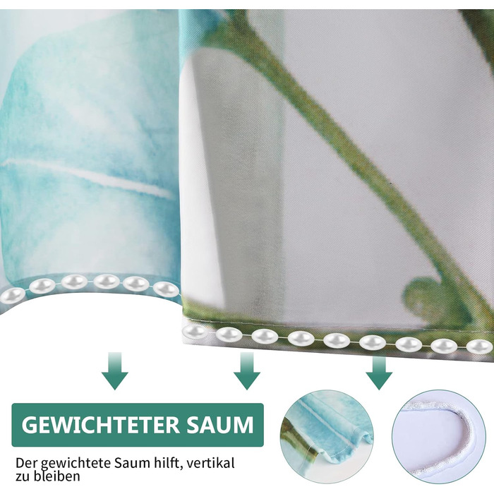 Шторка для душу REZAYMRS, 180x200 см, водонепроникна, з 12 гачками, поліестер, зелена, для ванної кімнати