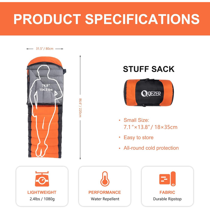 QEZER Ultralight Down Sleeping Bag - 8°C to -3°C for Camping, Hiking, and Trekking - 3 Season Sleeping Bag
