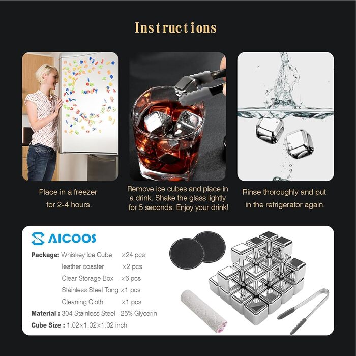 24 камінці для віскі з нержавіючої сталі, багаторазові, набір - Whiskysteine, камінці для віскі, охолоджувачі для вина (24 шт.)