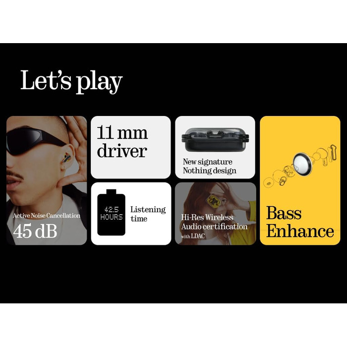 Бездротові навушники Nothing Kopfhörer Bluetooth з ANC, підсвічуванням, ChatGPT та басовим підсиленням, до 42,5 годин роботи (Чорний)