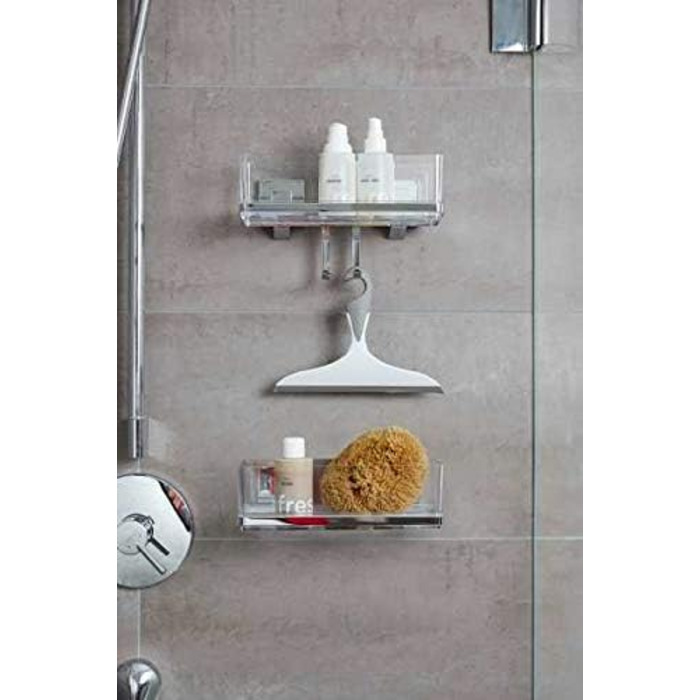 WENKO Vacuum-Loc Bathroom Wall Shelf Quadro with Hooks, 2 Tiers, with Removable Bowl, Mounting without Drilling, Stainless Steel/Plastic, 25.5 x 15 x 14 cm